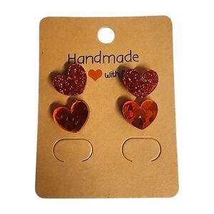 Ruby Sparkle Heart Acrylic Stud Earrings - 2 Pair